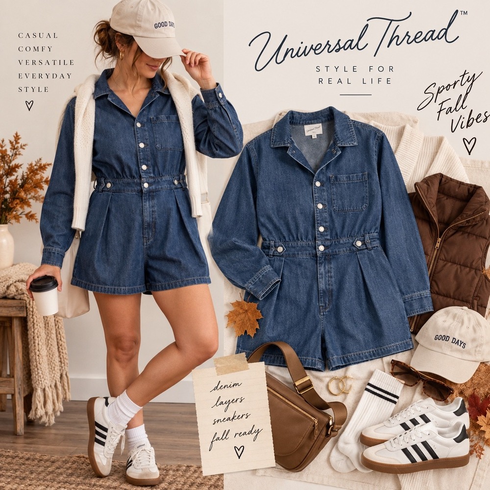 Universal Thread Womens Denim Romper Long Sleeve Blue Button Front Size 17